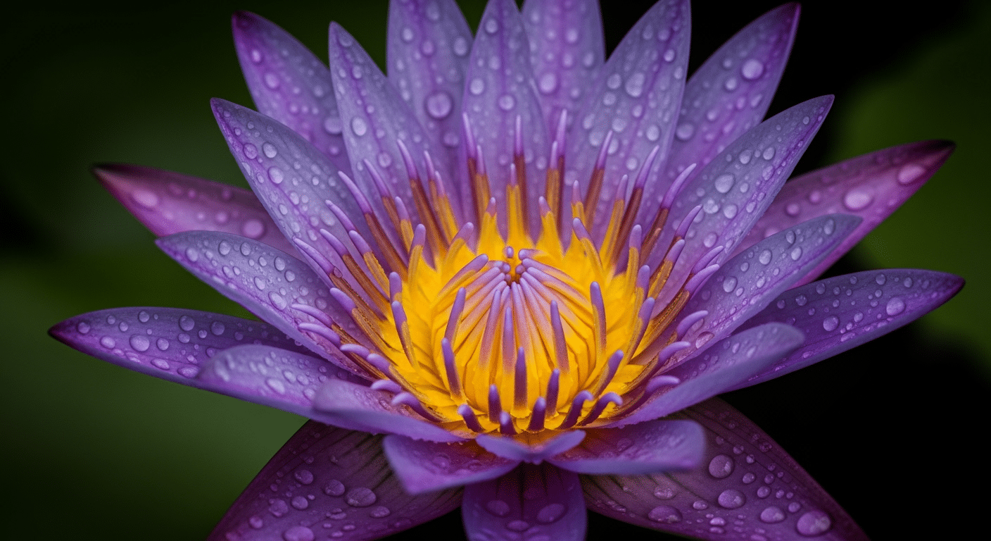 close-up photo of a vibrant purple and yellow water lily covered in dew drops