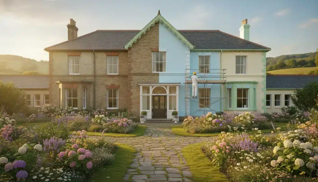 Victorian house being painted pastel colors with blooming garden in foreground