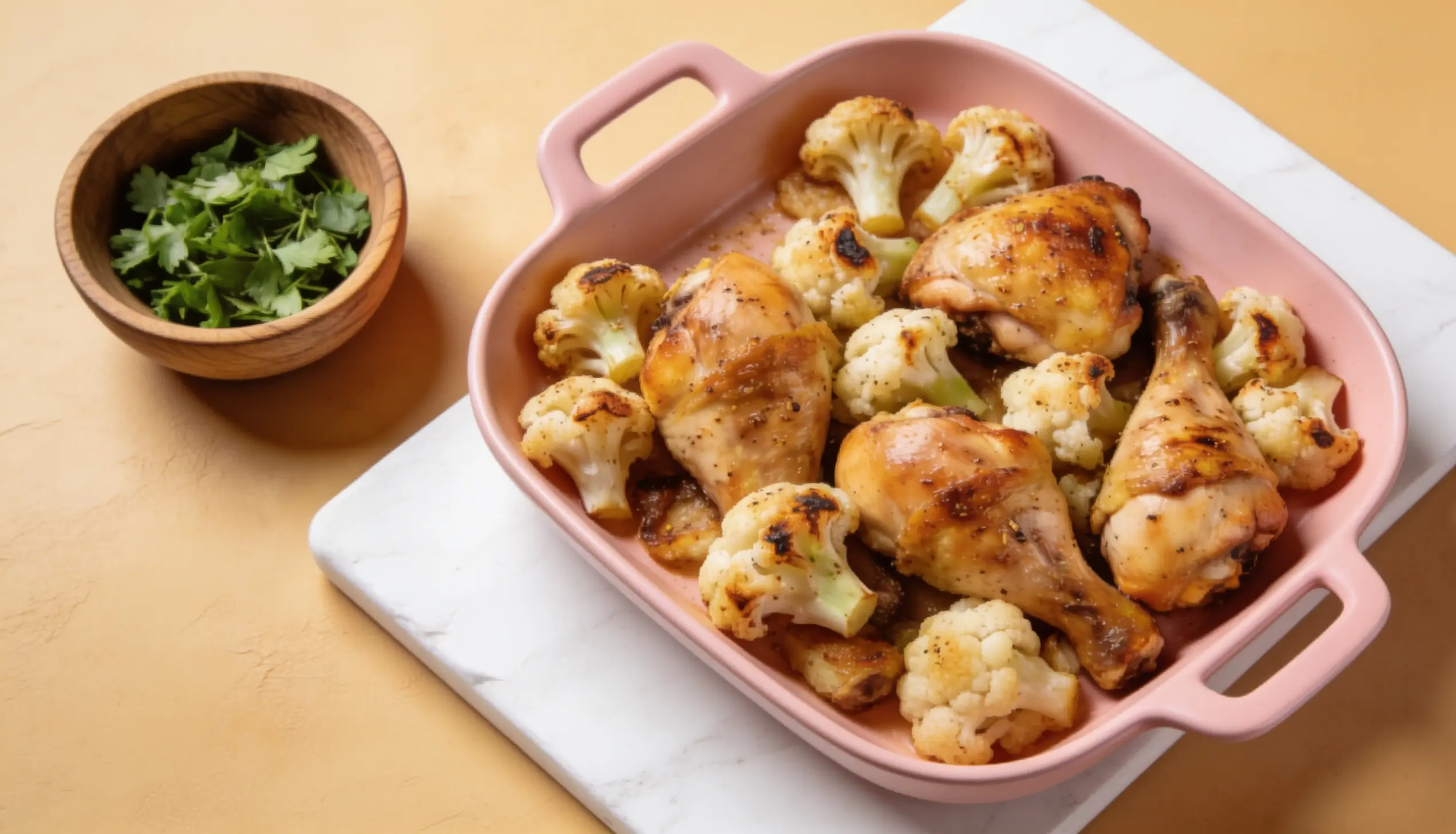 Chicken and cauliflower arranged in a pink dish on a marble countertop, showcasing a colorful meal presentation.