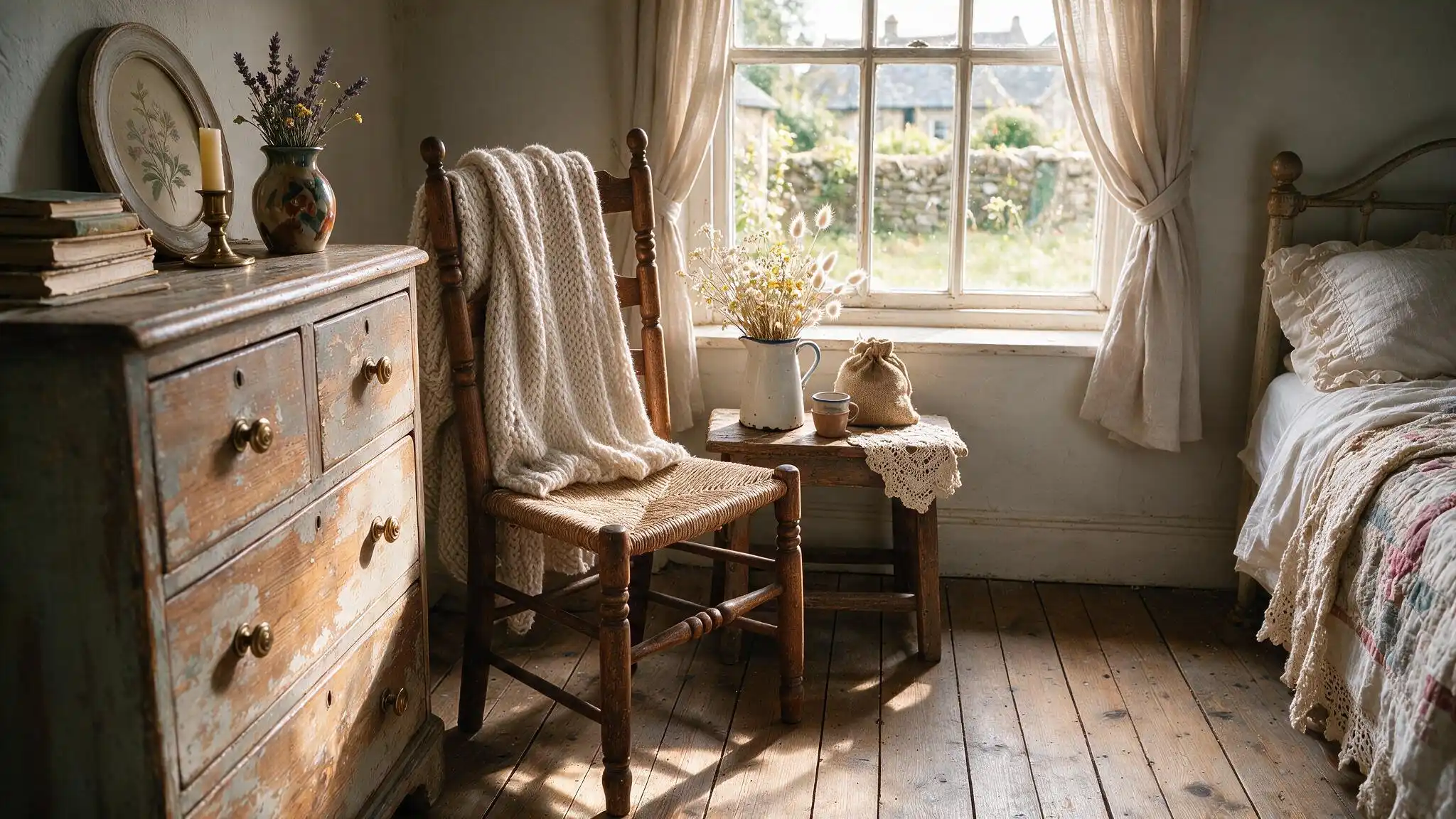 Rustic cottagecore bedroom with worn wooden dresser knitted throw vintage books dried flowers and soft window light