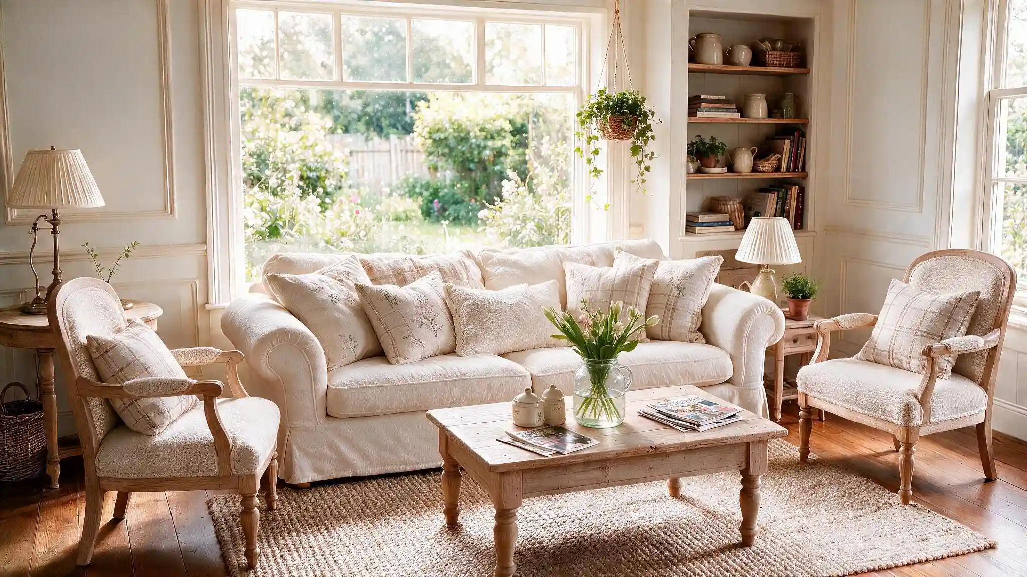 Bright cottagecore living room with cream sofa wooden chairs floral cushions fresh flowers and natural garden light