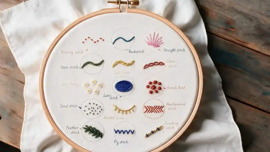 Embroidery hoop showing fifteen basic embroidery stitch samples neatly labeled on white fabric over rustic wooden table.