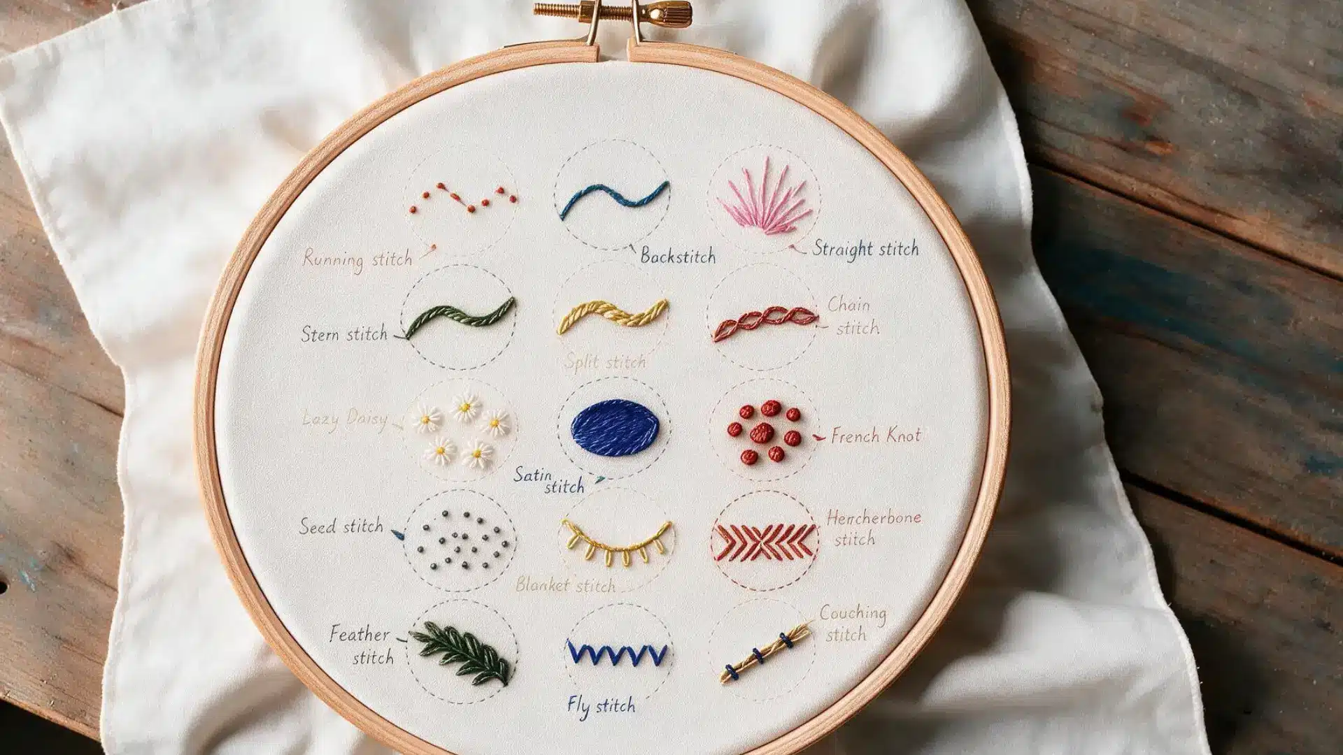 Embroidery hoop showing fifteen basic embroidery stitch samples neatly labeled on white fabric over rustic wooden table.