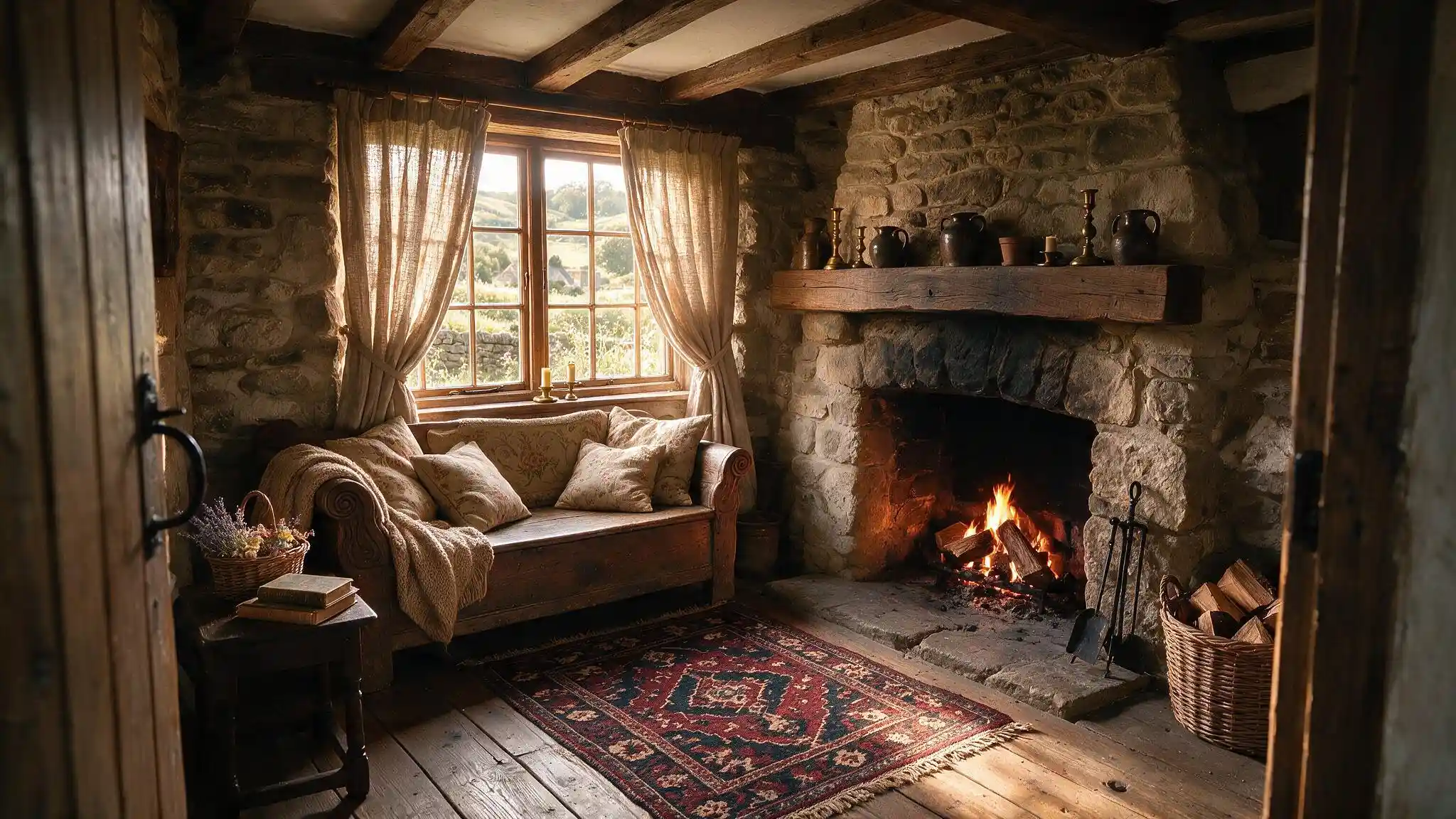 Stone cottagecore sitting room with wooden beams glowing fireplace patterned rug woven basket and cozy seating