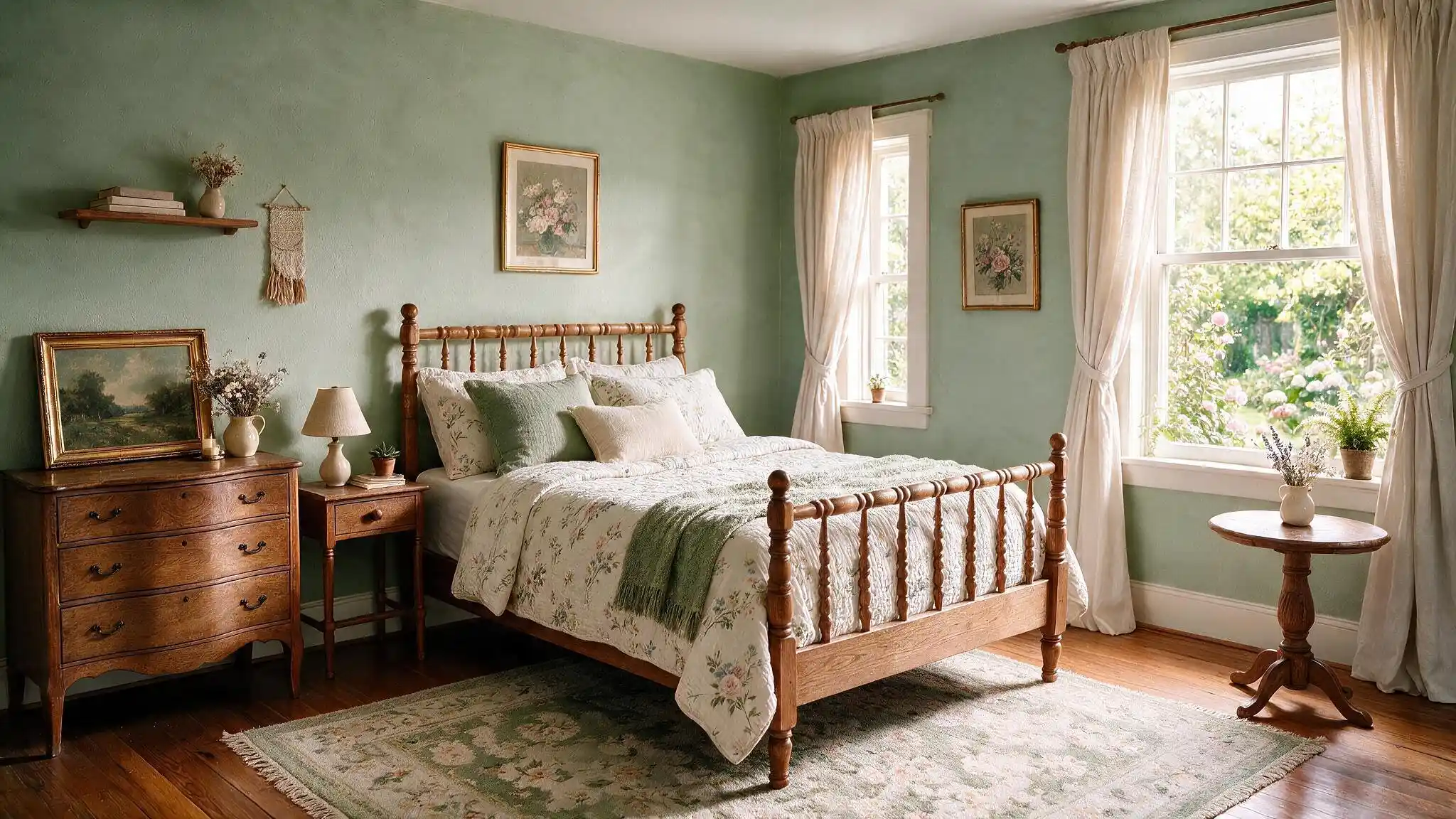 Sage green cottagecore bedroom with wooden bed floral bedding vintage dresser soft curtains rug and garden views