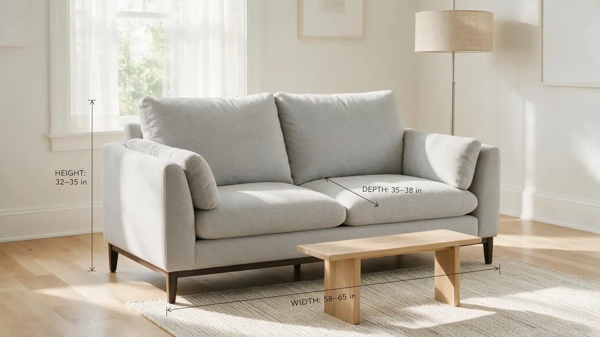 2 seater sofa with dimensions shown in a bright modern living room