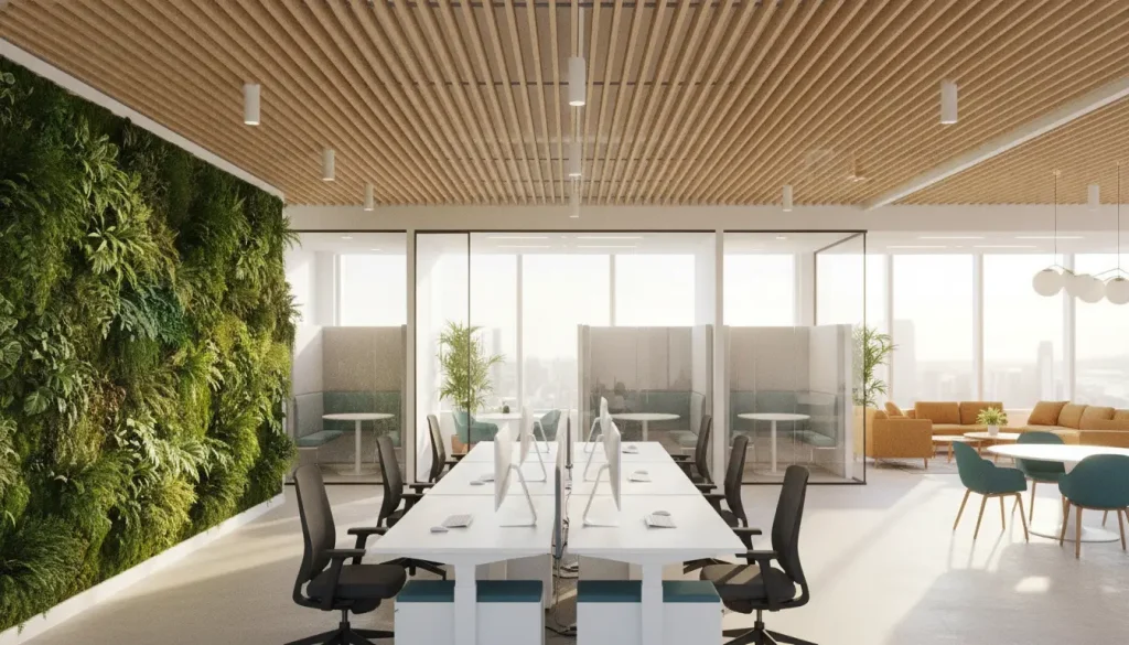 Open office space with green wall, modern desks, and natural light through large windows