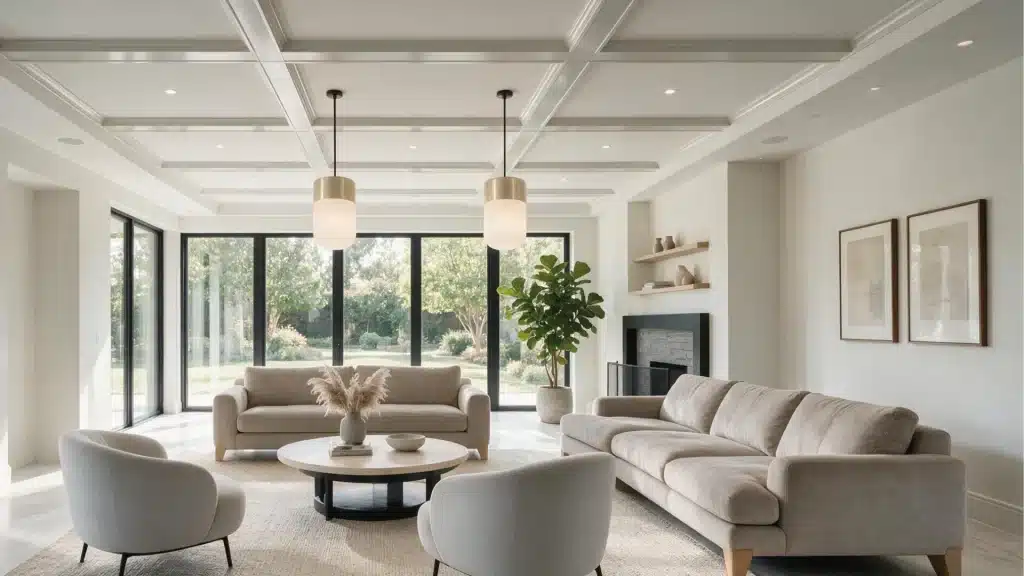 Bright modern living room with shallow white coffered ceiling pendant lights cream sofas black windows and neutral decor