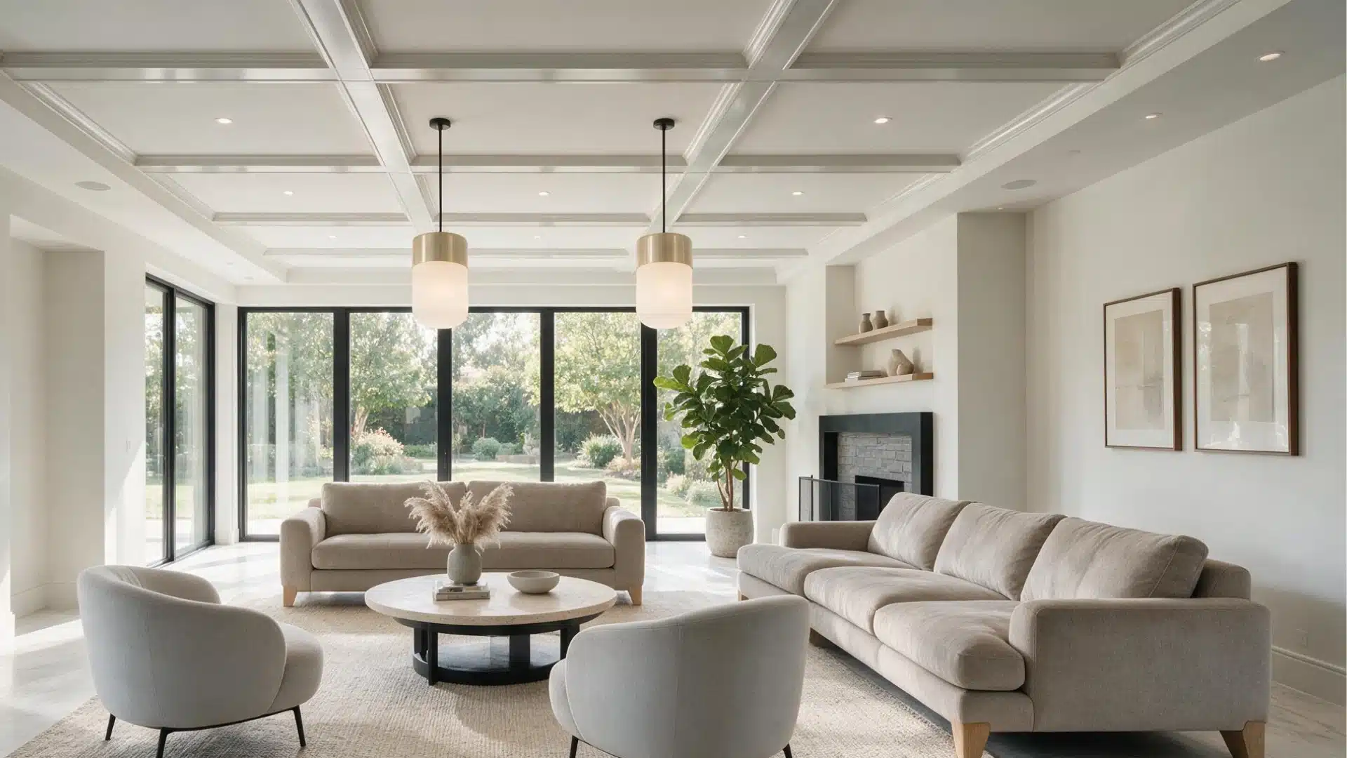 Bright modern living room with shallow white coffered ceiling pendant lights cream sofas black windows and neutral decor