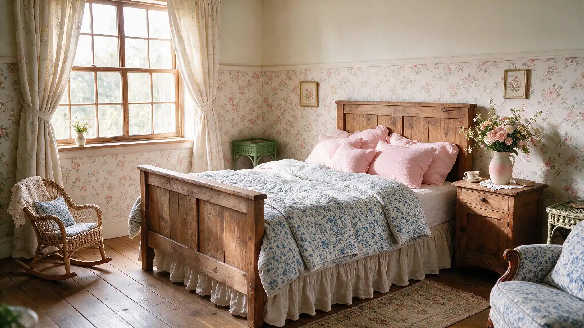 Bright cottagecore bedroom with floral wallpaper wooden bed pink pillows wicker chair and soft natural daylight