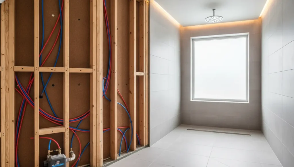 Bathroom under construction with exposed plumbing and tiled walls, large frosted window, and overhead showerhead