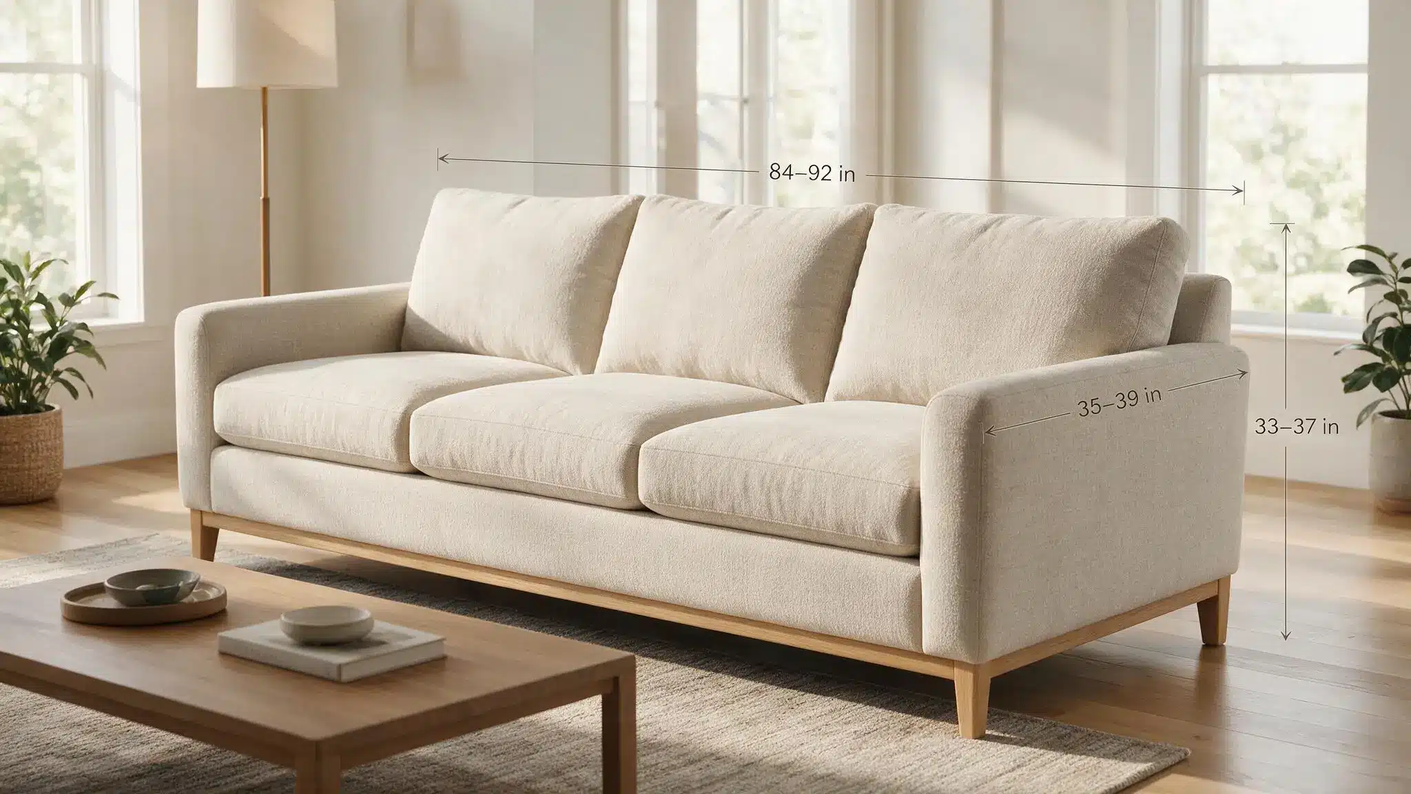 3 seater sofa with dimensions shown in a bright modern living room