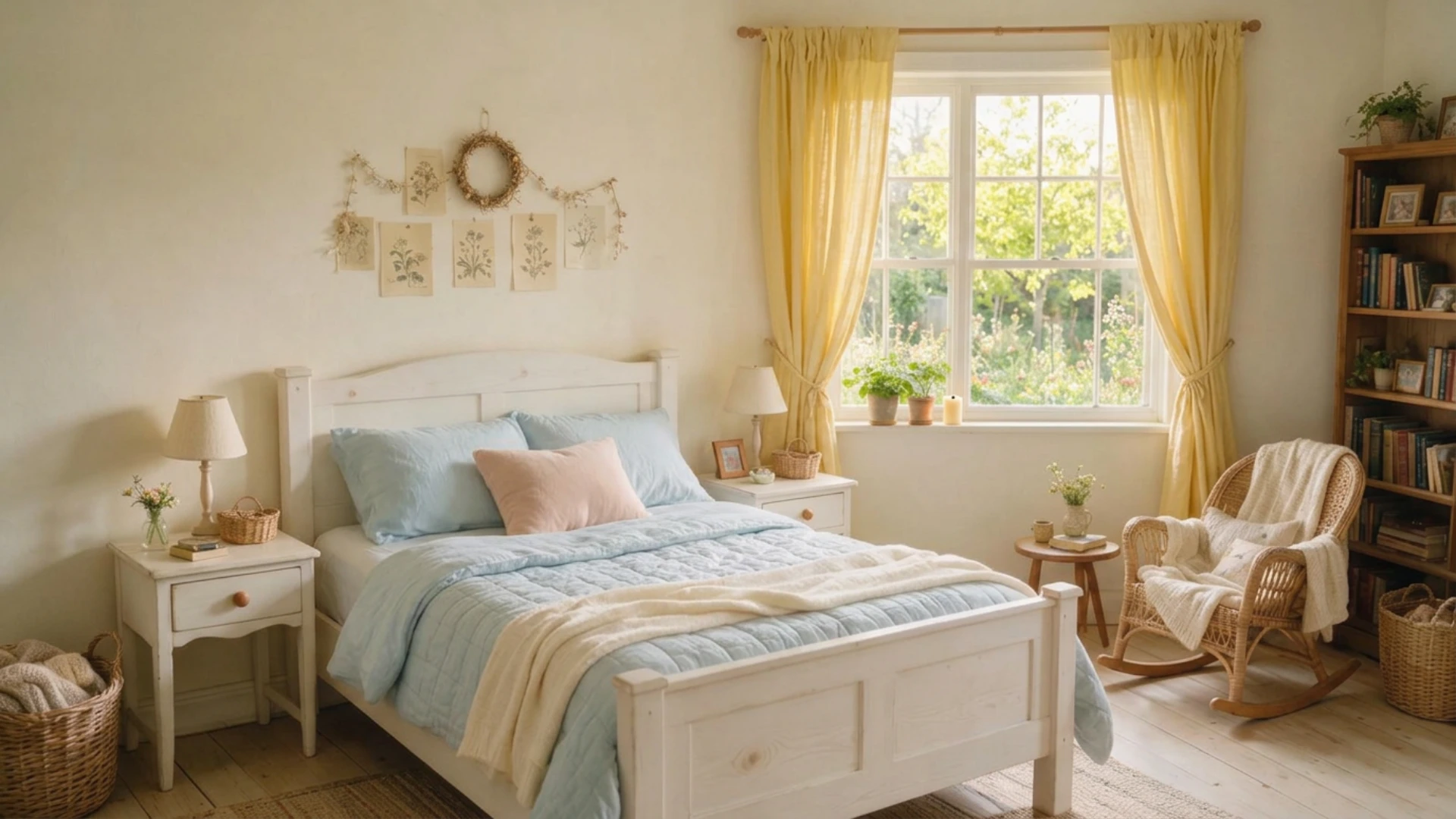 Soft cottagecore bedroom with pale blue bedding pink cushion yellow curtains wicker chair and warm natural light