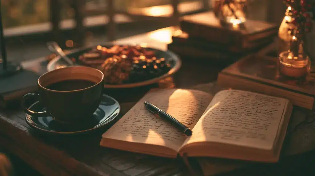 Warm morning coffee beside an open journal and breakfast on a sunlit table creating a calm reflective start to the day