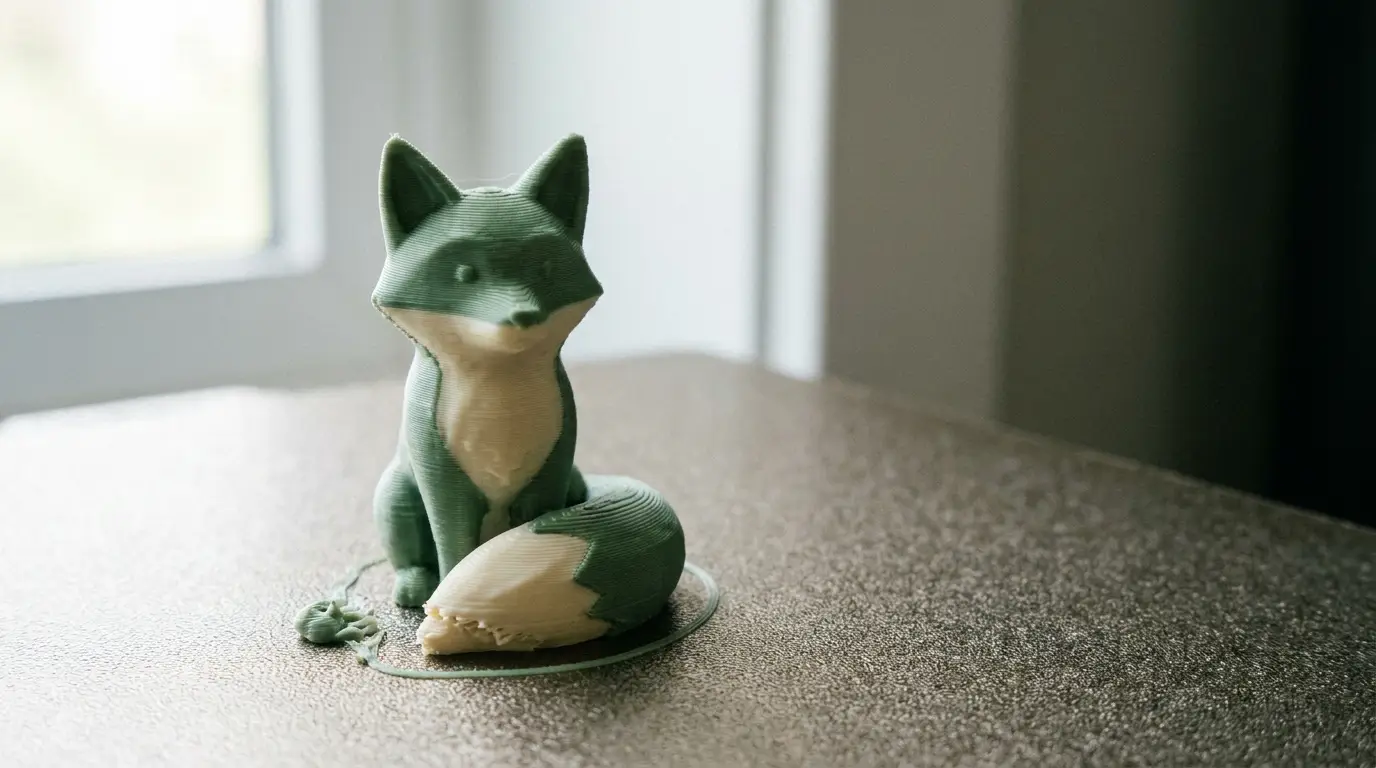 3D printed fox figurine with green and white colors on textured surface near window