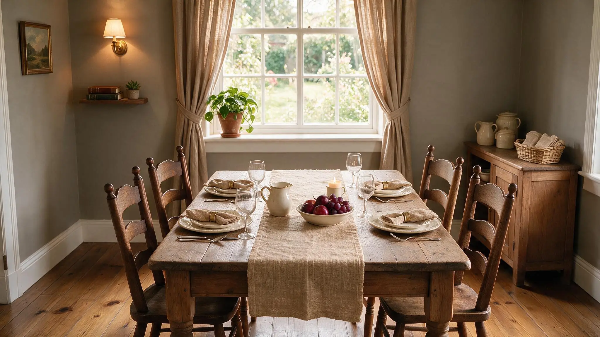 Warm cottagecore dining room with worn wooden table mismatched chairs linen runner pottery and soft window light