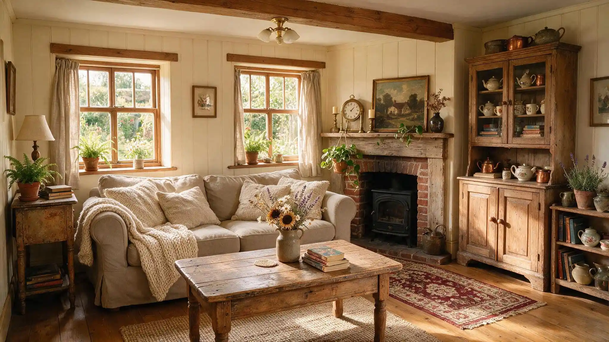 Warm cottagecore living room with cream sofa wooden coffee table fireplace vintage cabinet plants and layered rugs