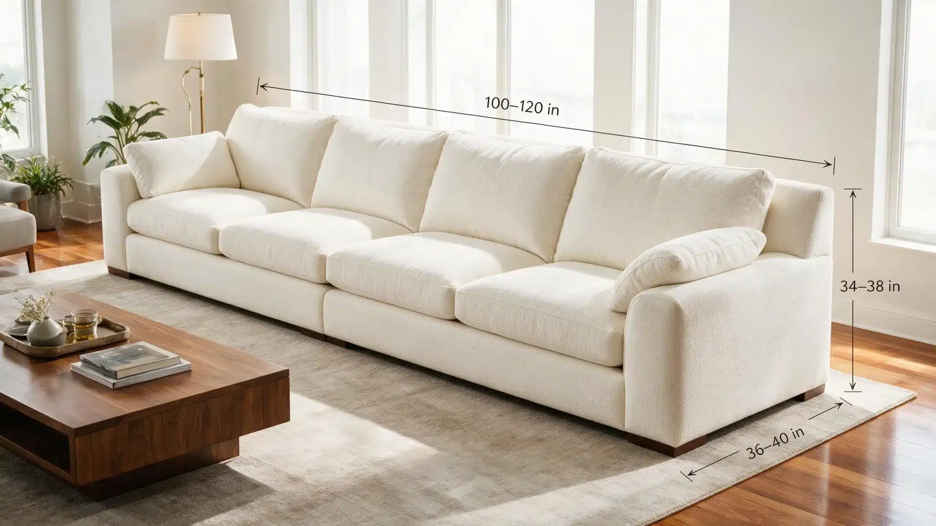 4 seater sofa with dimensions shown in a spacious modern living room