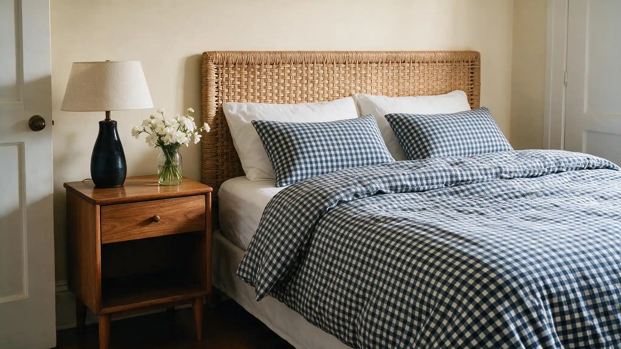 Simple cottagecore bedroom with woven headboard gingham bedding wooden nightstand lamp white flowers and cream walls
