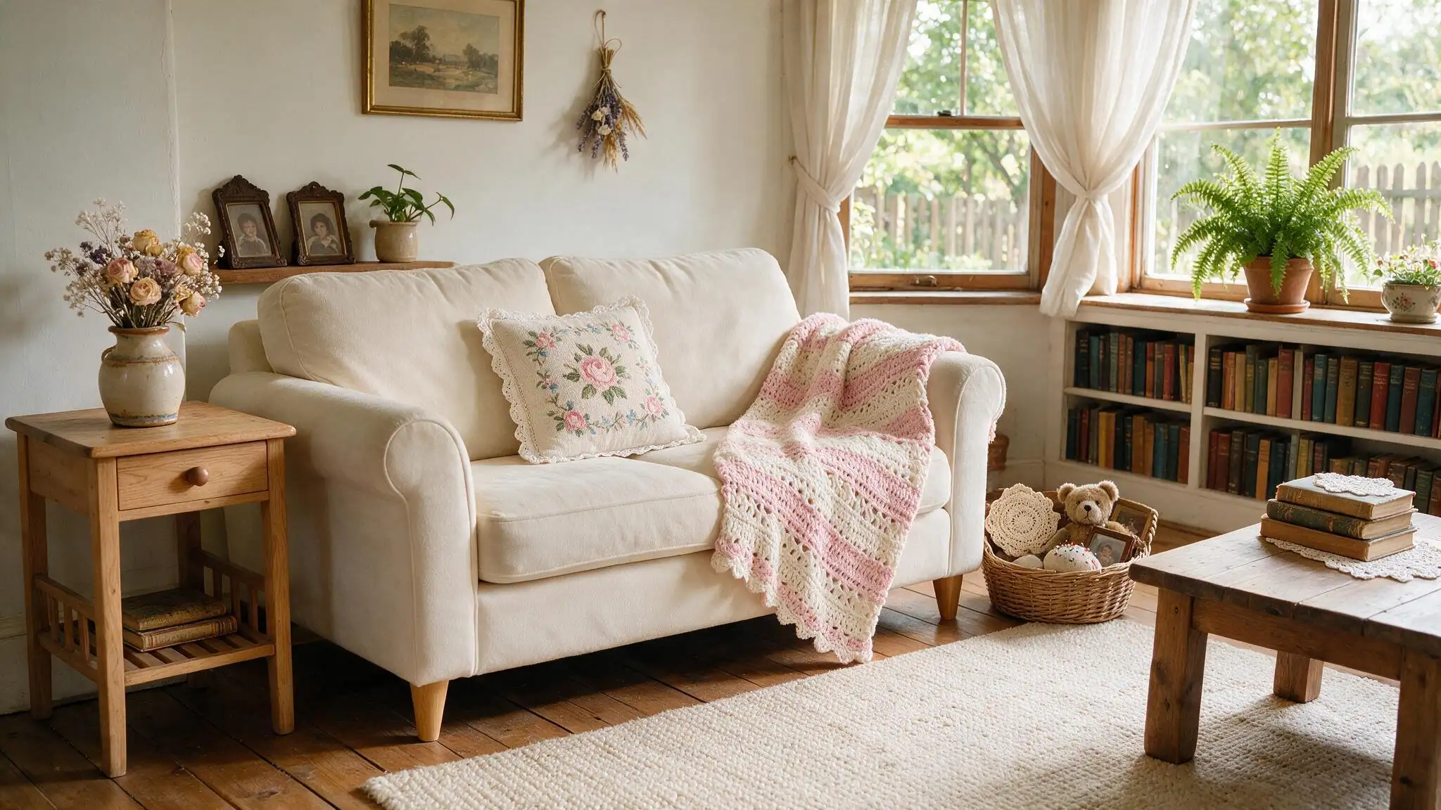 Modern cottagecore living room with cream sofa crochet throw embroidered cushion vintage books and wooden furniture
