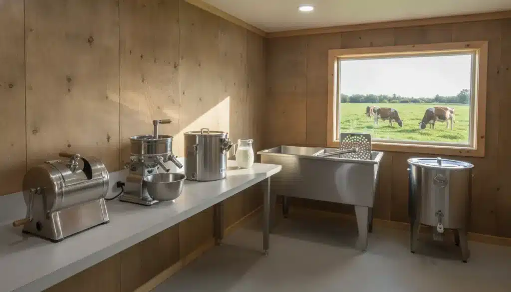 Dairy processing room with stainless steel equipment and a window view of cows in a green field