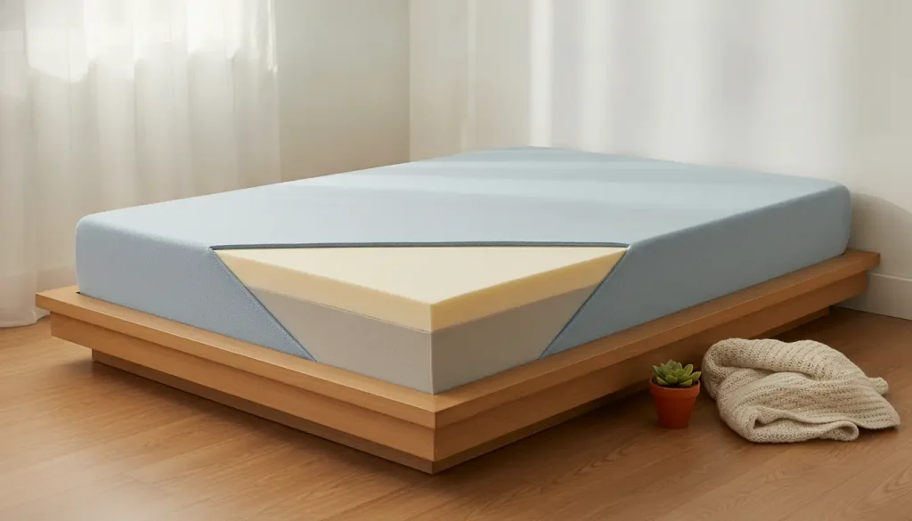 Mattress with cutaway section on wooden platform bed, beside potted plant and knitted blanket