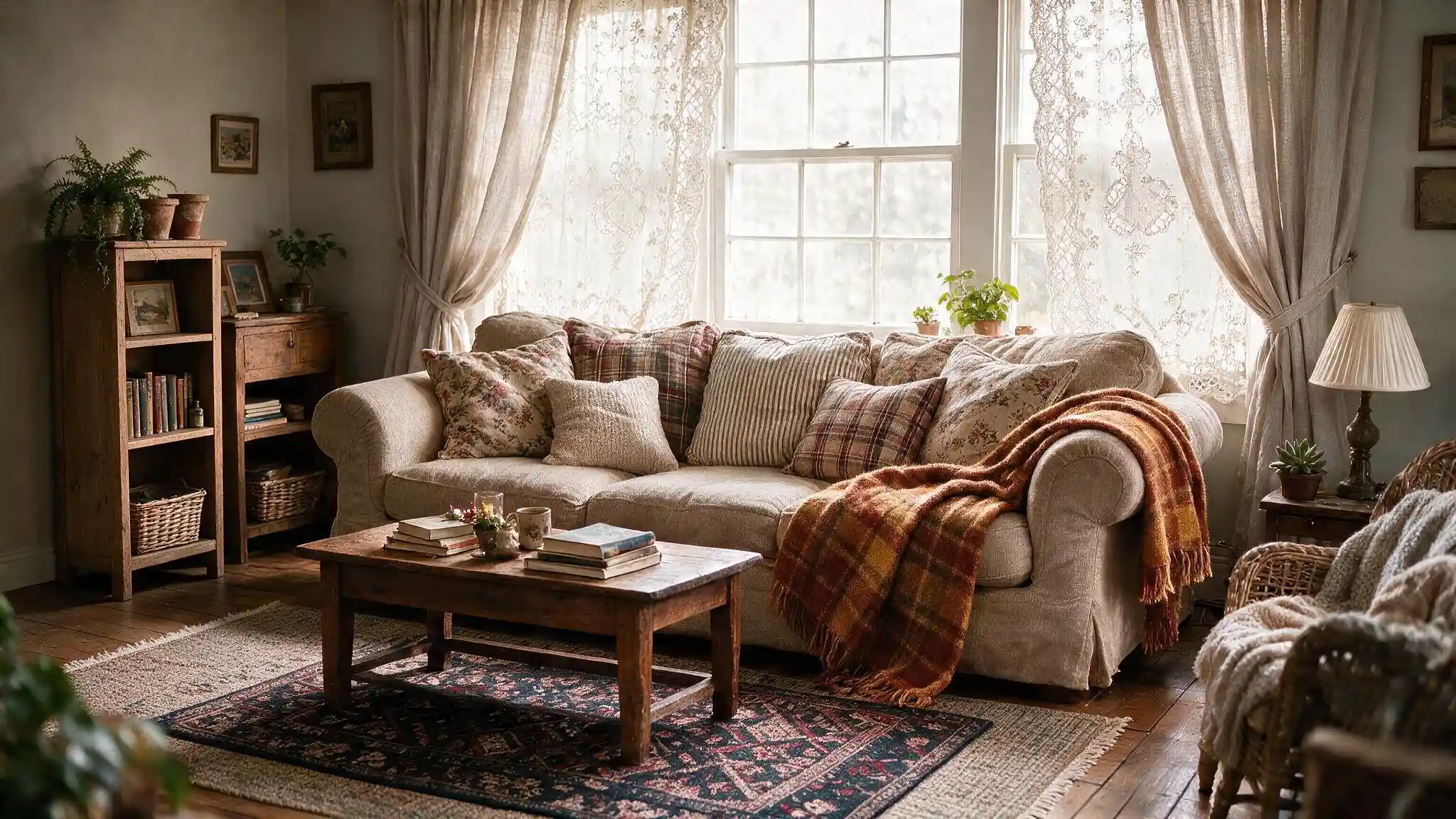 Cottagecore living room with layered rugs mixed cushions lace curtains warm throw wooden table and vintage shelving