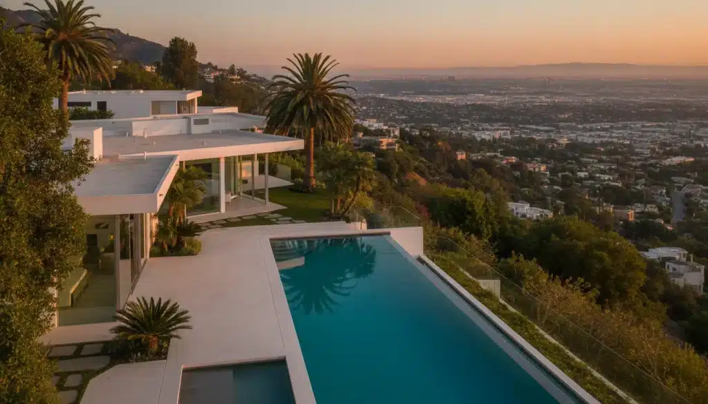 Modern hillside home with large pool overlooking cityscape at sunset, surrounded by trees and palms