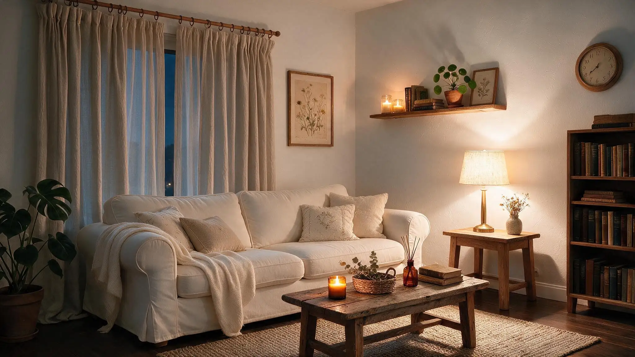 Softly lit cottagecore living room with cream sofa wooden tables vintage books candles and warm table lamp glow
