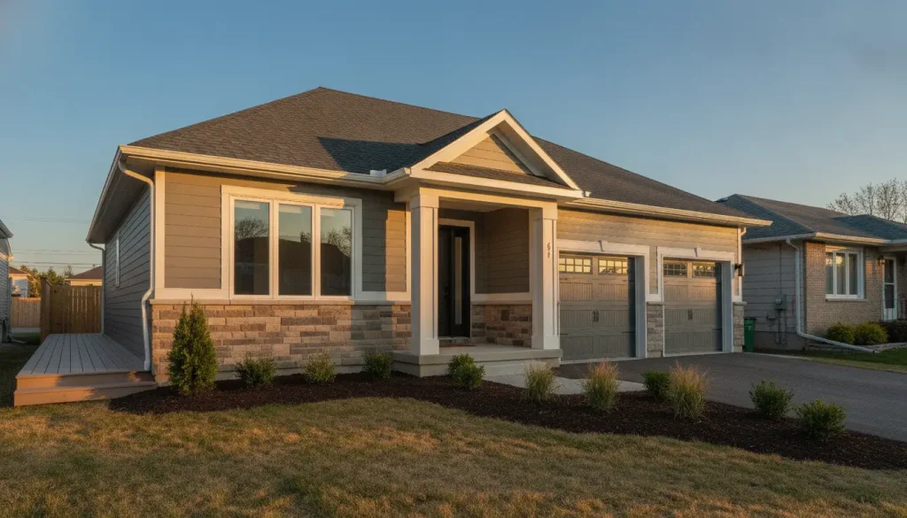 Single-story modern house with stone accents and garage under warm evening light
