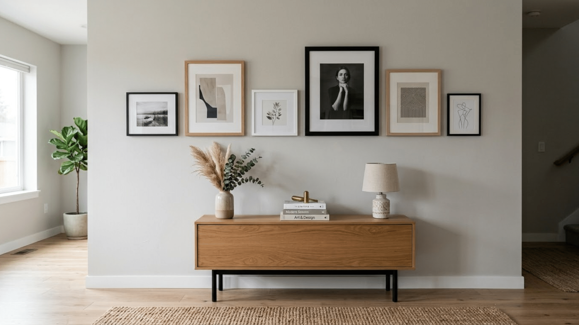 a baseline gallery wall with mixed framed artwork aligned evenly above a wooden console table