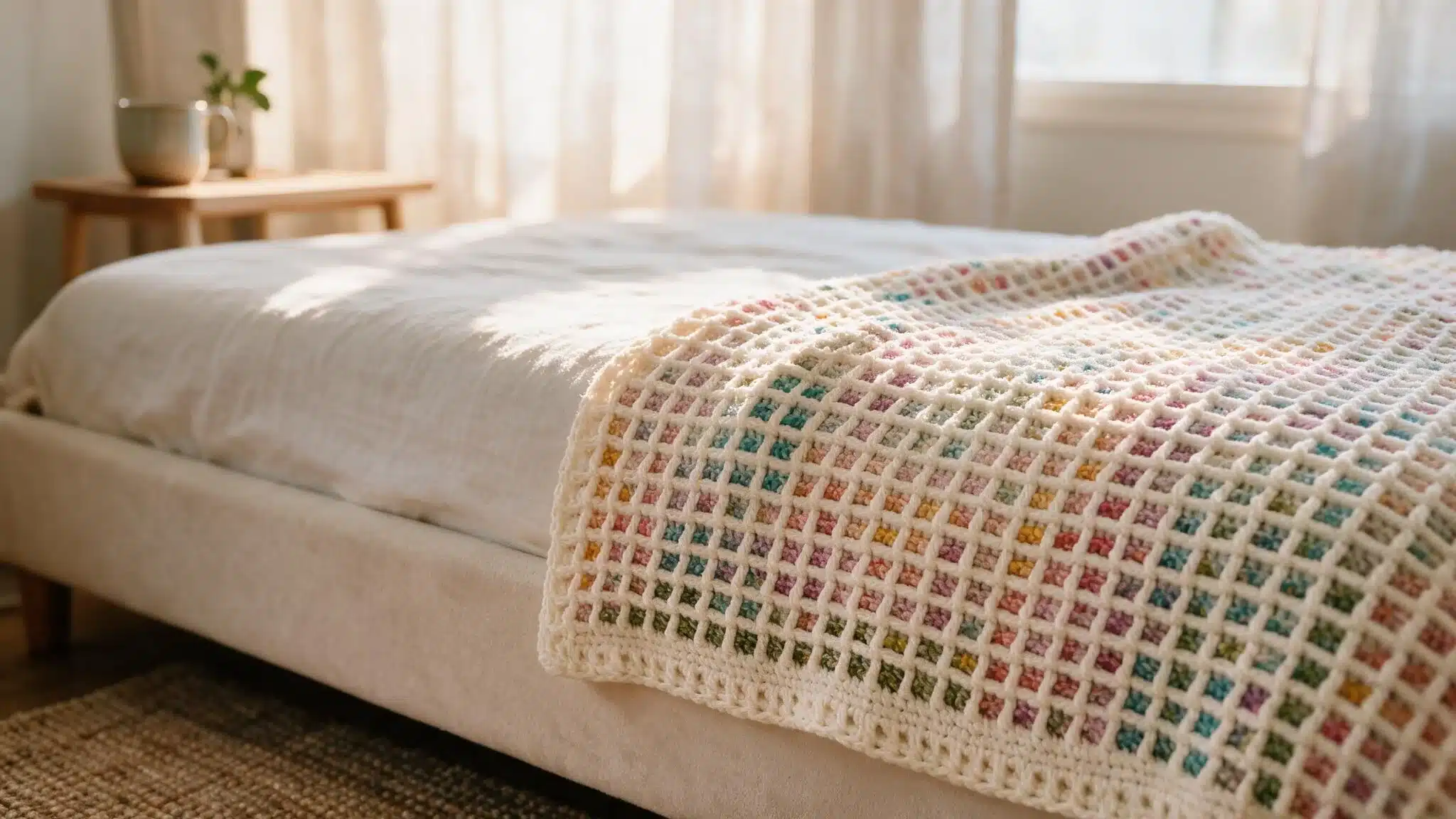 A bed adorned with a colorful self-striping crocheted waffle blanket, showcasing various vibrant patterns.