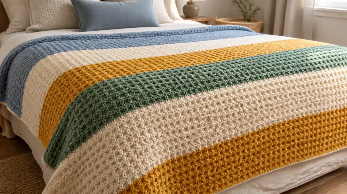 A bed adorned with a colorful striped waffle blanket and matching pillows, creating a cozy and inviting atmosphere.