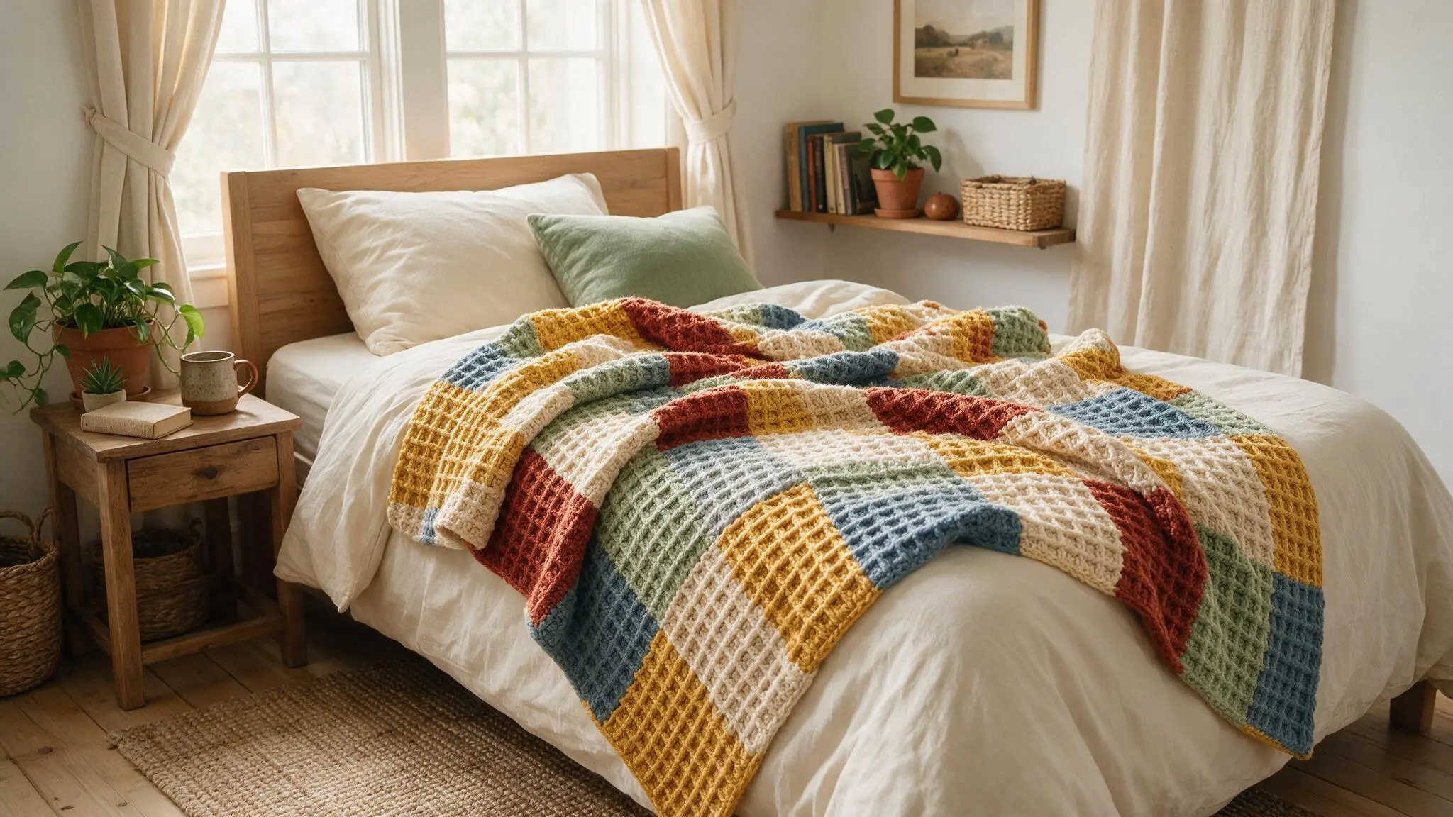 A bed adorned with a vibrant color-block waffle stitch blanket, showcasing a mix of bright hues.