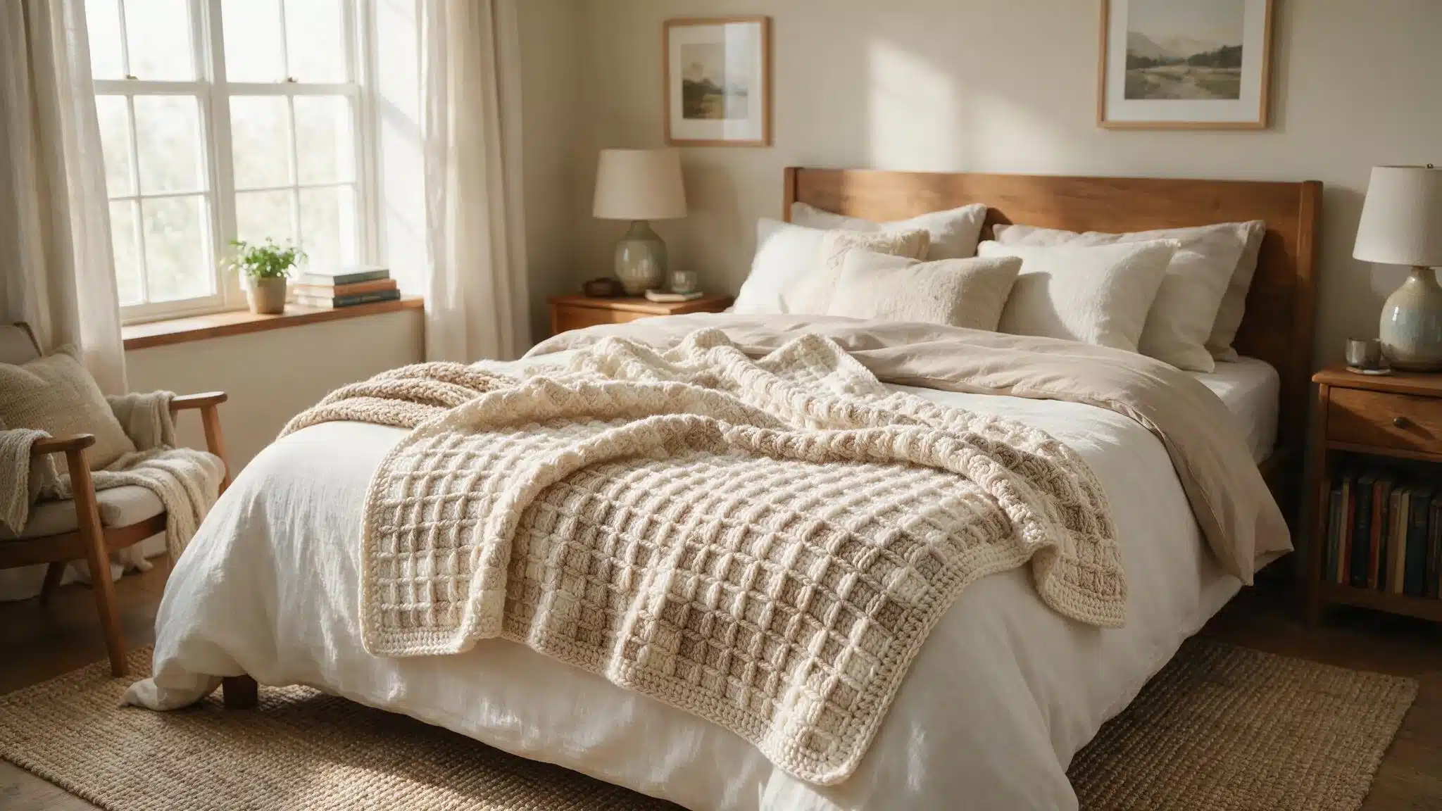 A bed featuring a white waffle stitch crochet blanket, accompanied by a wooden chair beside it.