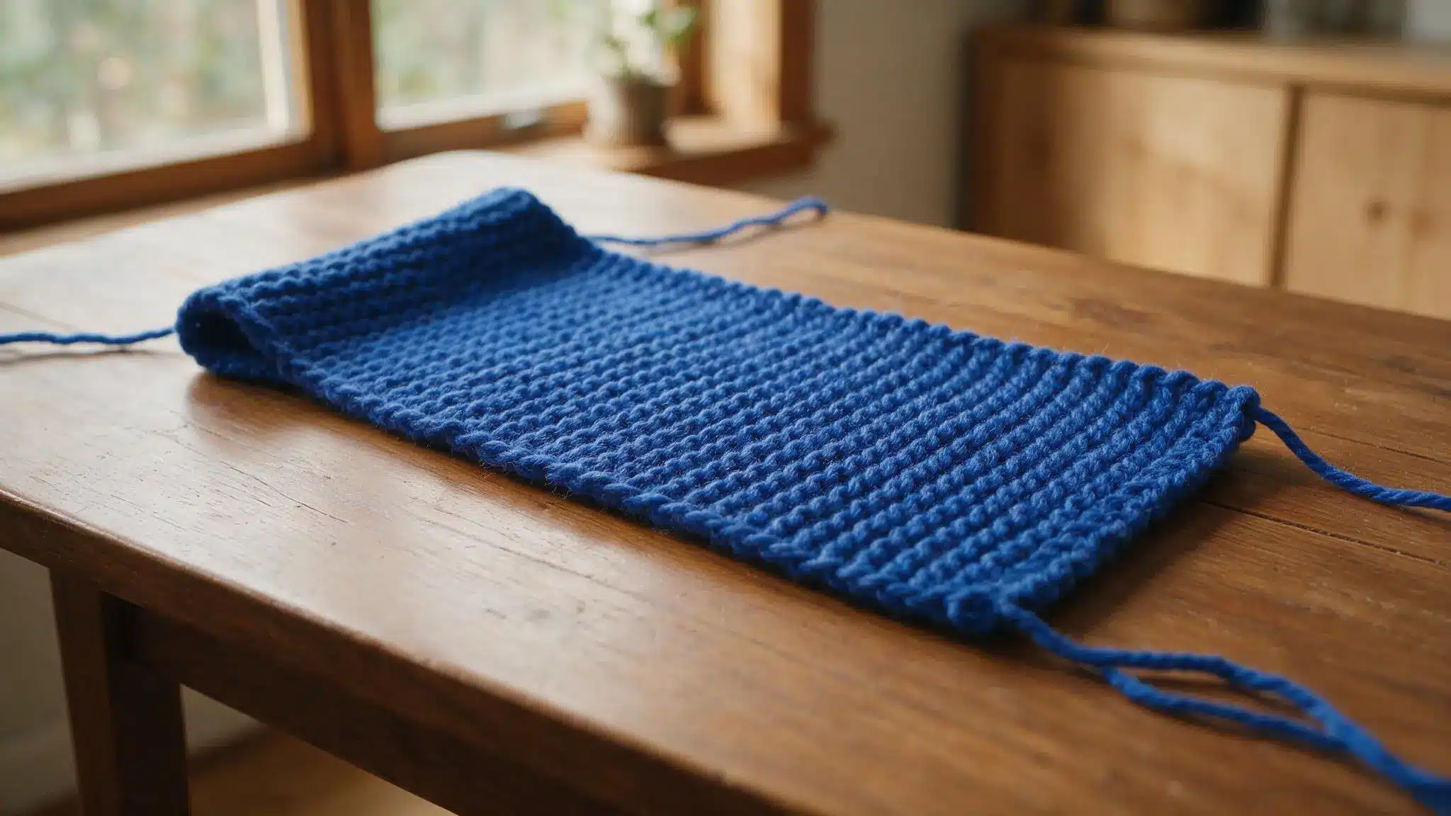 A blue knitted rectangular piece of fabric with loose yarn ends lies on a wooden table beside a window.