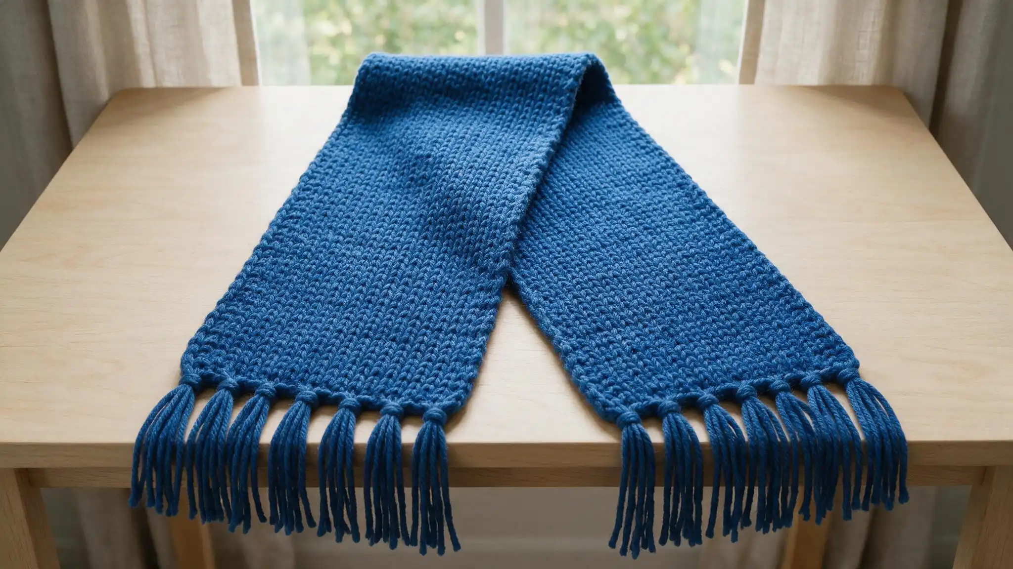 A blue knitted scarf with long fringe lies across a light wooden table in front of a window.