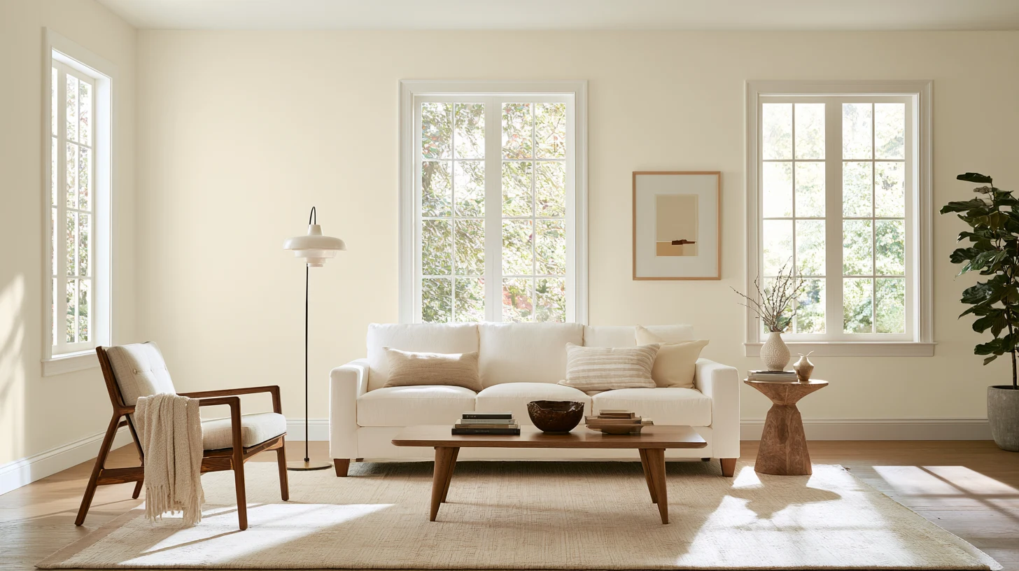 A bright living room featuring white furniture and large windows allowing natural light to fill the space.