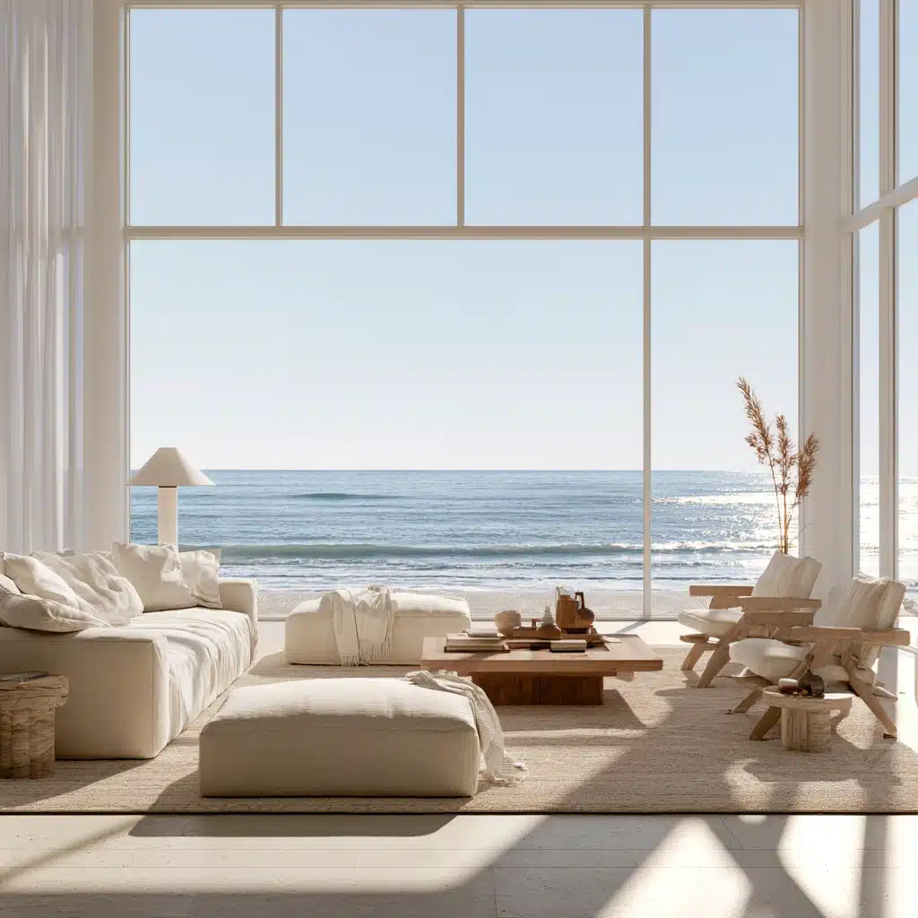A bright living room featuring white furniture and large windows showcasing a stunning ocean view.