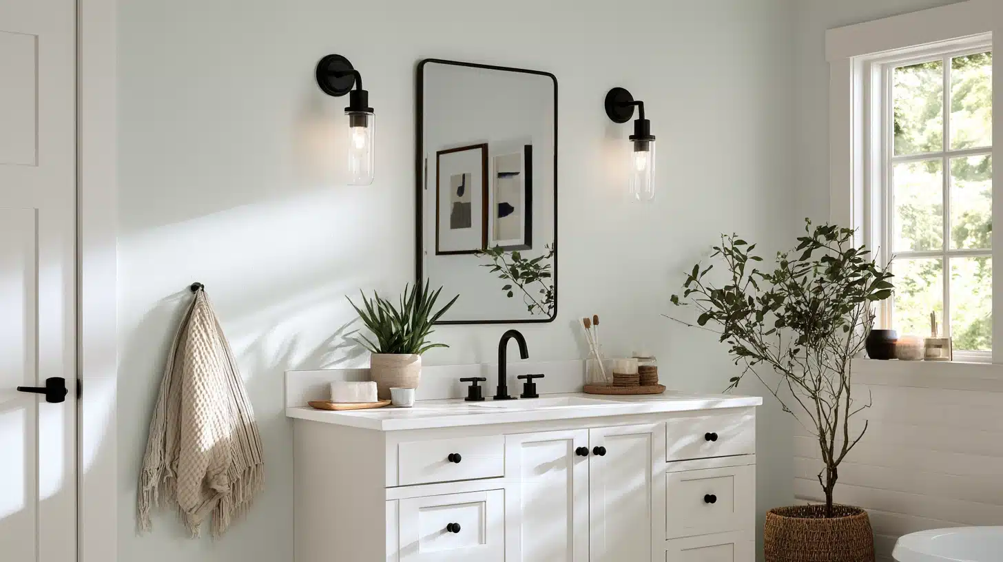 A bright white bathroom vanity with black fixtures, a mirror, two wall sconces, plants, a hanging towel, and a window.