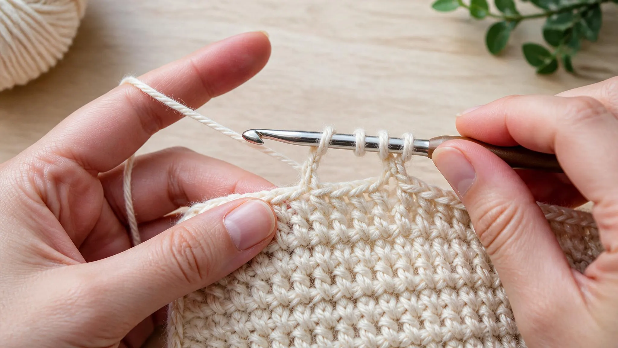 A close-up of a person crocheting, with a hook in hand, working on a vibrant knitted project.