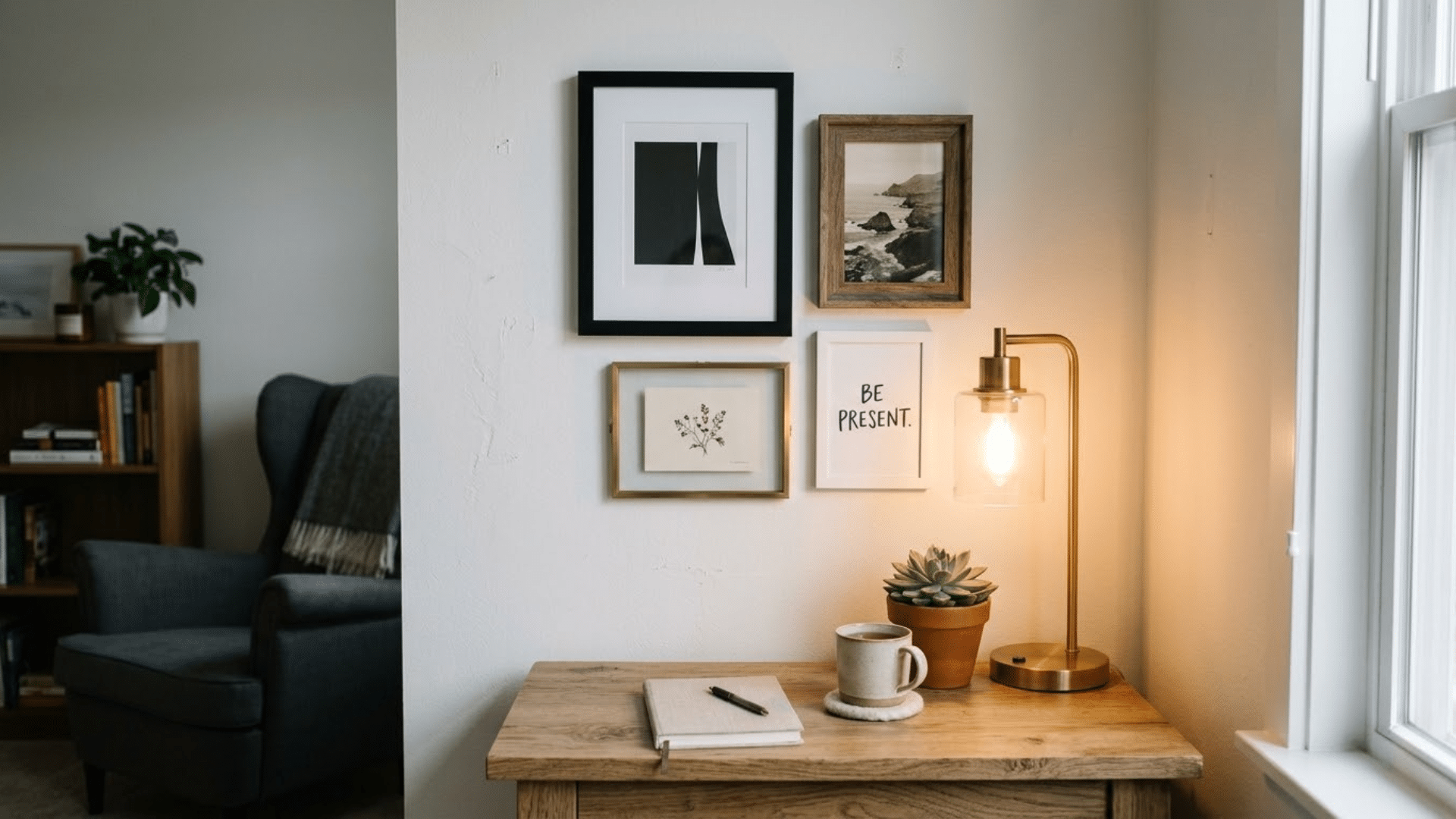 a clustered gallery wall with mixed framed artwork above a wooden desk, accented by a lamp and potted plant