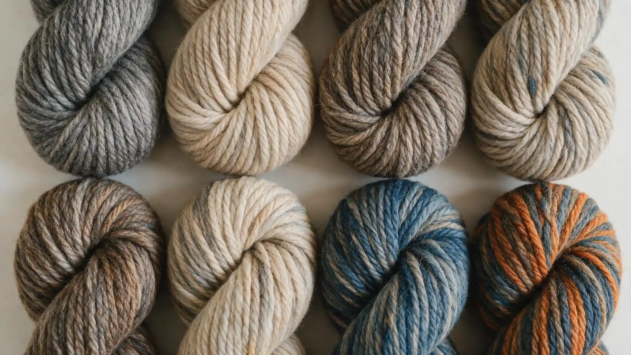 A collection of colorful yarn skeins arranged together, showcasing various hues and textures