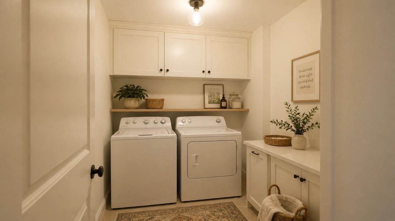 A compact laundry room with a washer and dryer, white cabinets, shelves with plants and decor, and a framed quote on the wall.