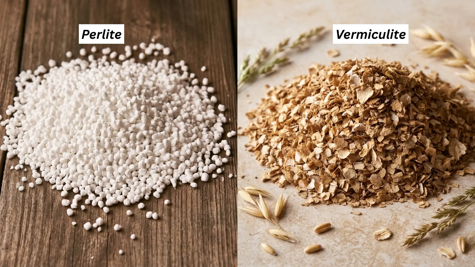 A comparison of perlite vs vermiculite featuring different grains, emphasizing their unique shapes and sizes.