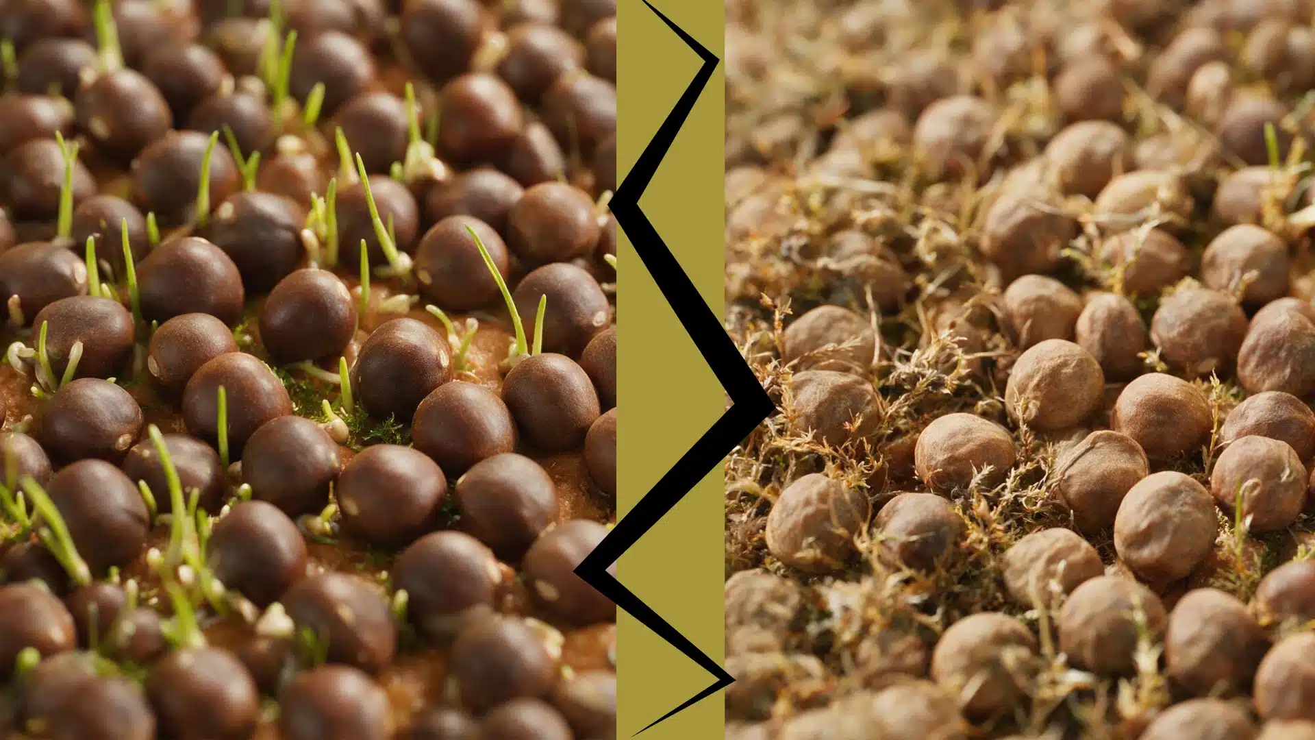 A comparison of sprouting seeds on left and dried moss or decaying organic matter on right.