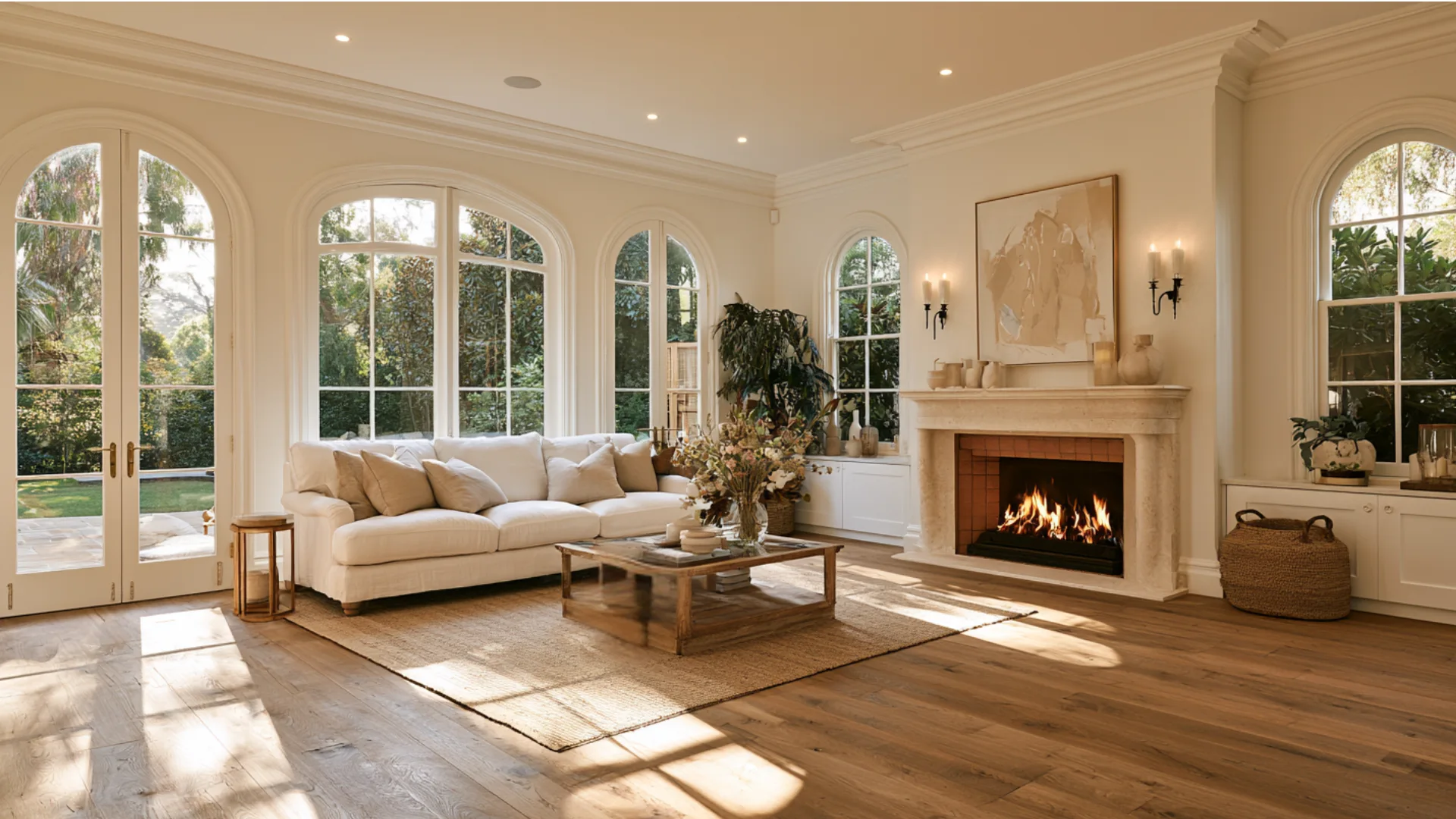 A cozy living room featuring a fireplace, large windows, and natural flooring materials for a warm ambiance.