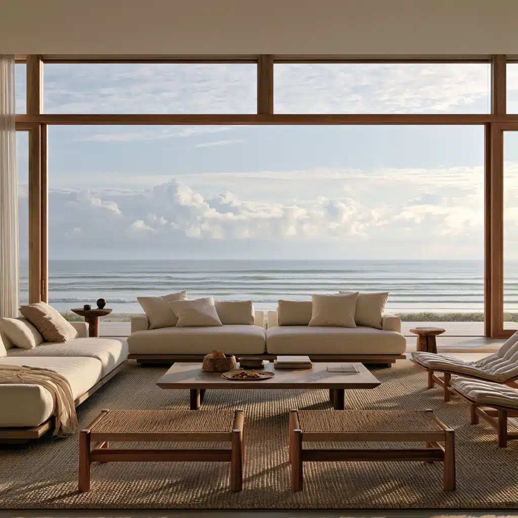 A cozy living room featuring large windows that showcase a stunning view of the ocean.