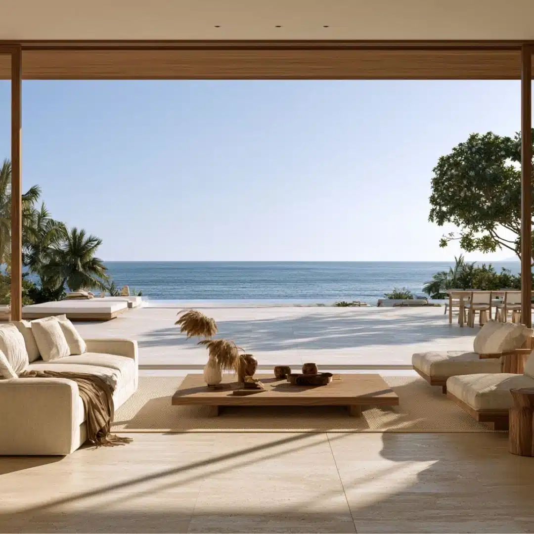 A cozy living room featuring large windows that showcase a stunning view of the ocean.