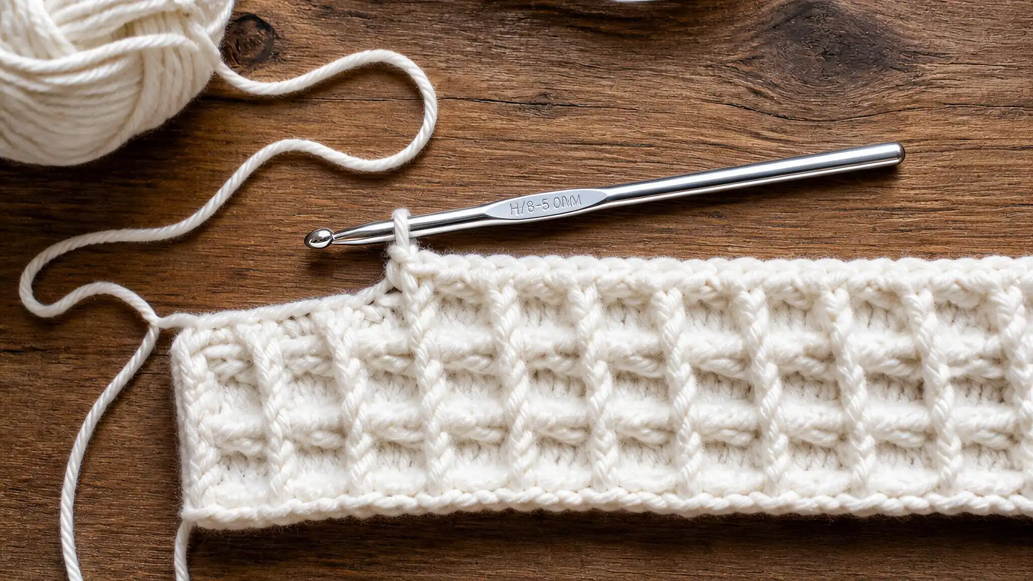 A crochet hook alongside a skein of yarn on a table, indicating preparation for crocheting.